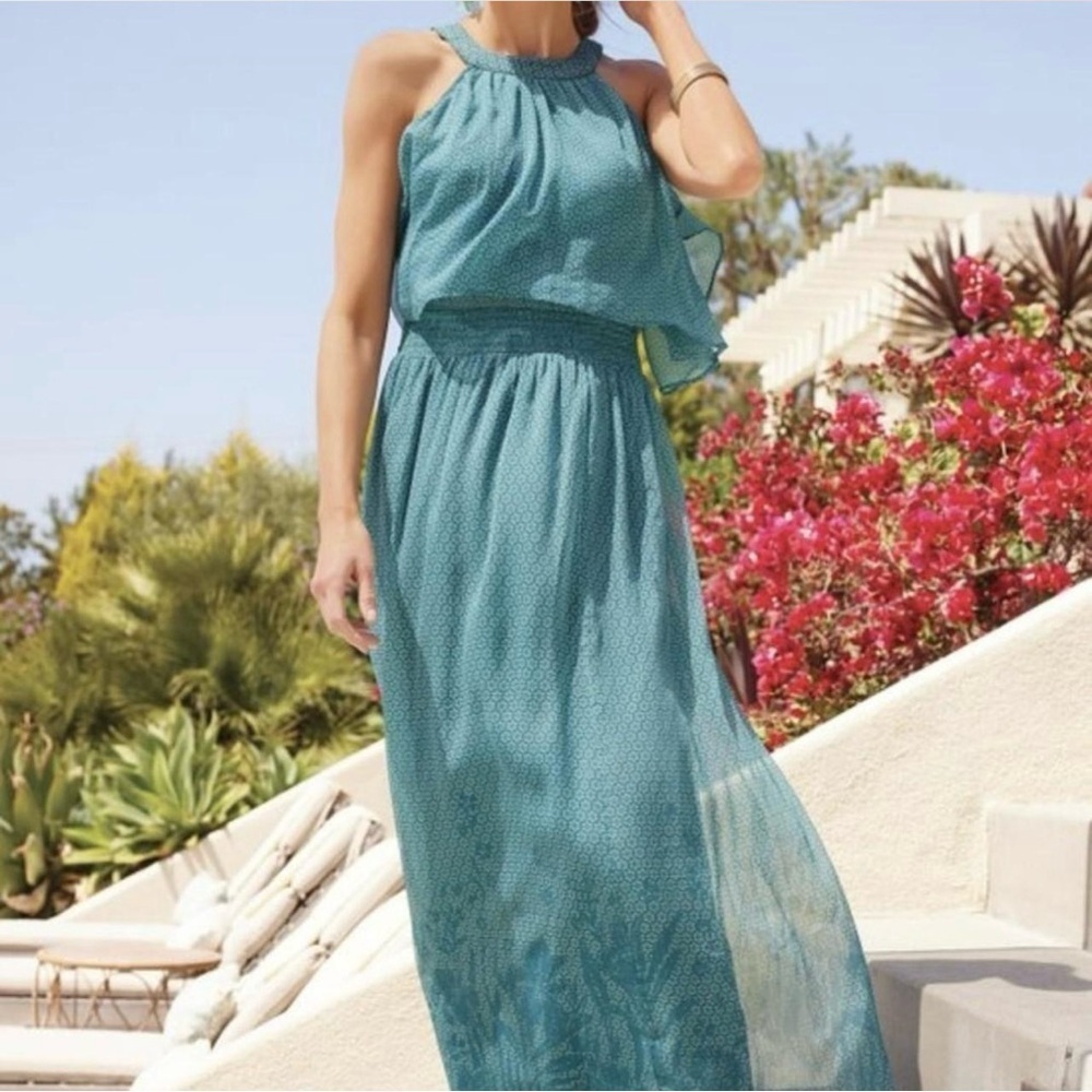 Soft Surroundings Chiffon Teal Maxi Dress Women’s Size M Floral Geo Printed Line